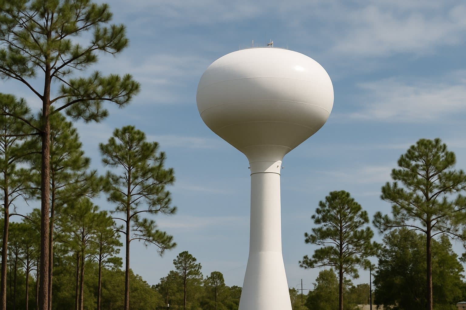 A white municipal water tower above pine trees