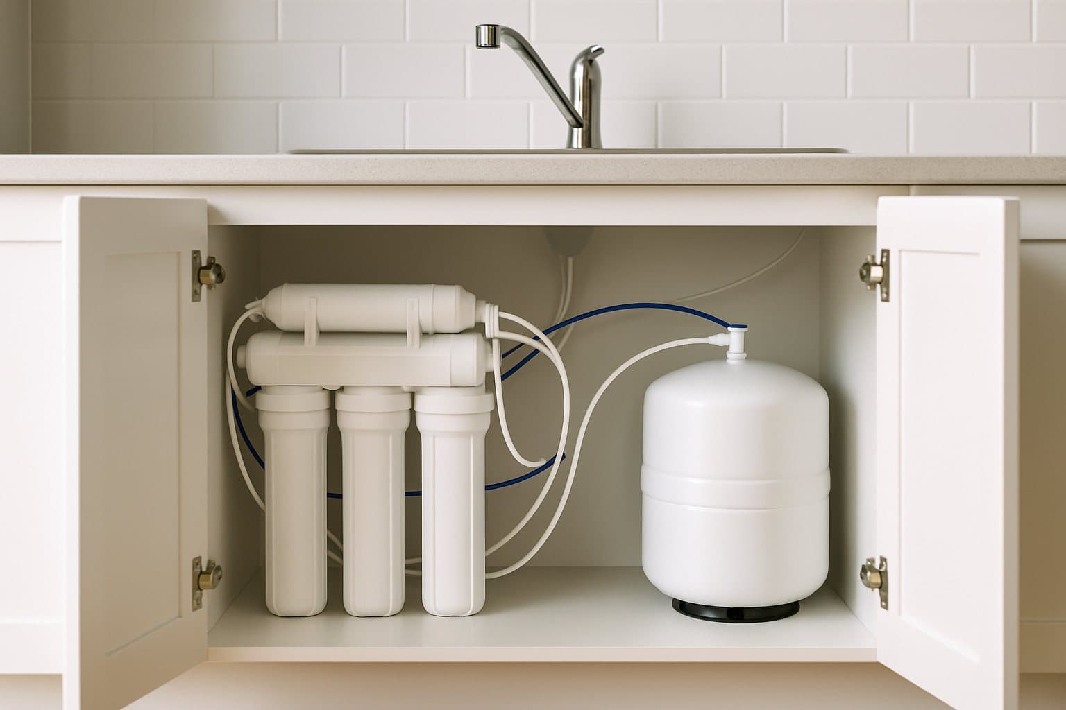 An under-sink reverse osmosis system inside an open kitchen cabinet