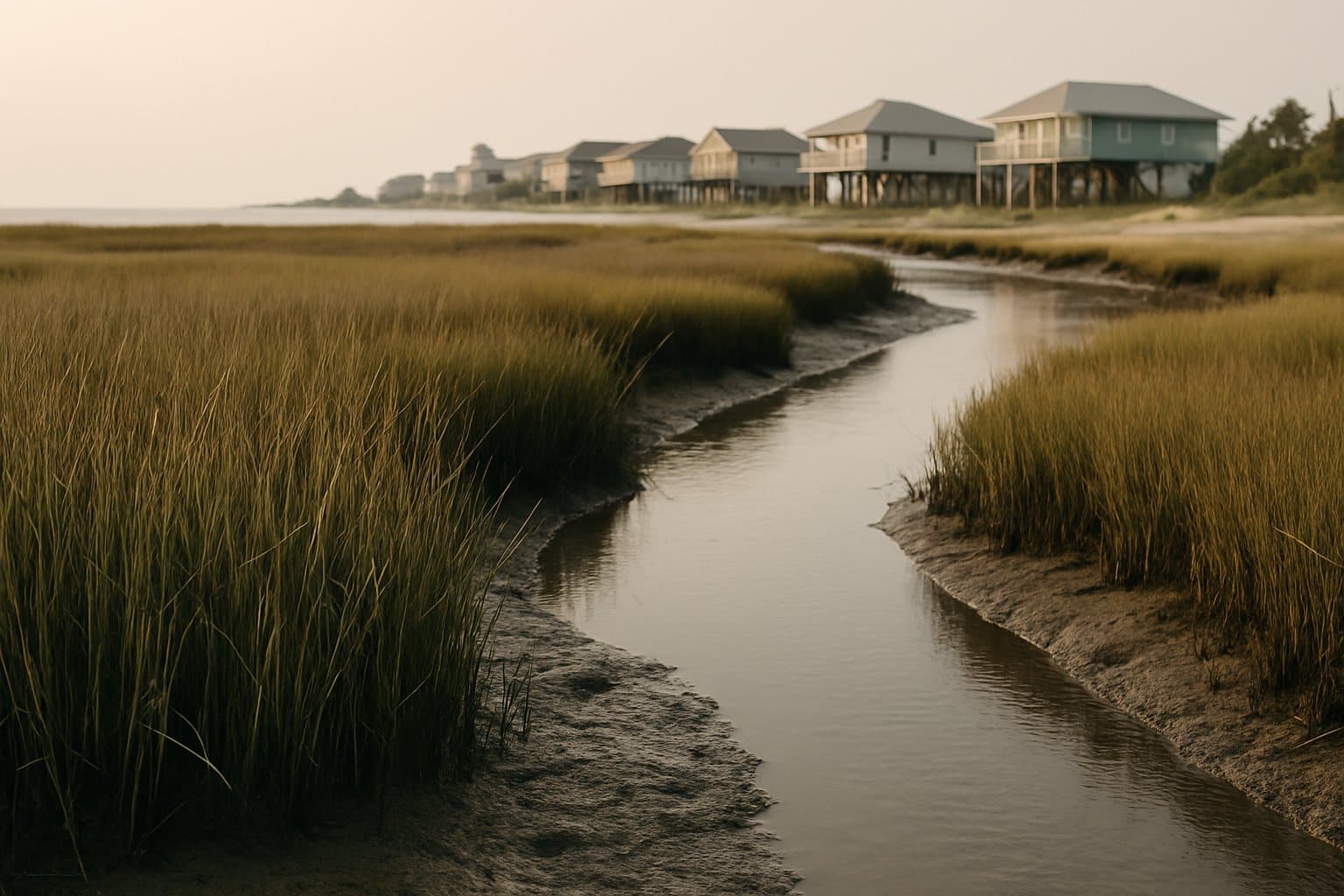 Coastal marsh grass and houses on stilts along the Alabama Gulf shore