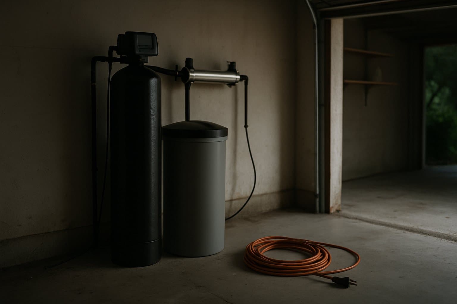 A garage with a water softener and a UV unit on the wall after a power outage