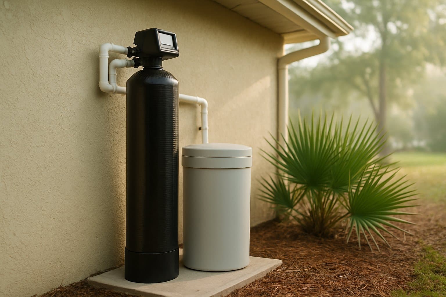A water softener installed outside against a house wall under an eave