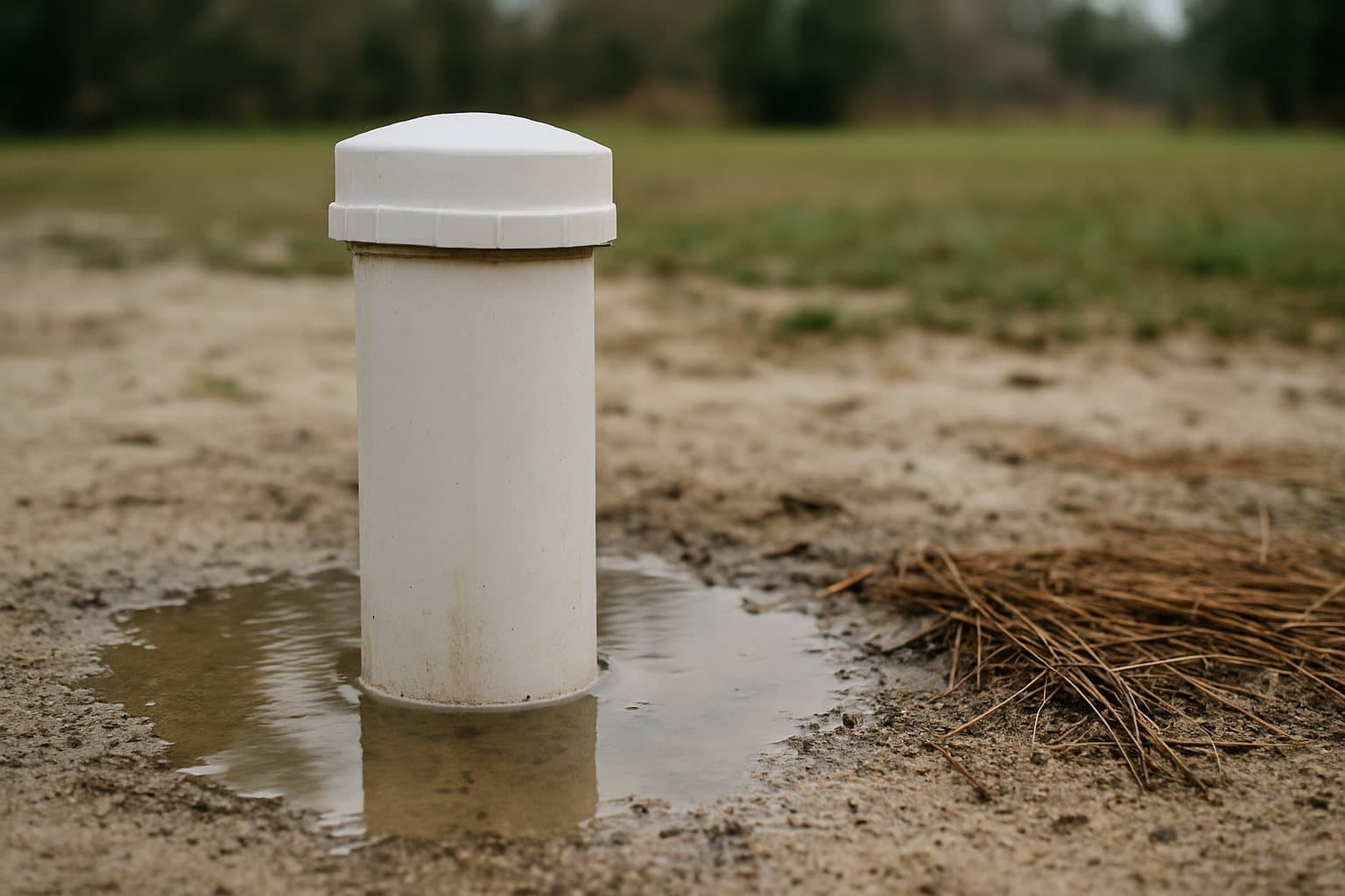 A white well casing and cap rising from sandy soil after rain