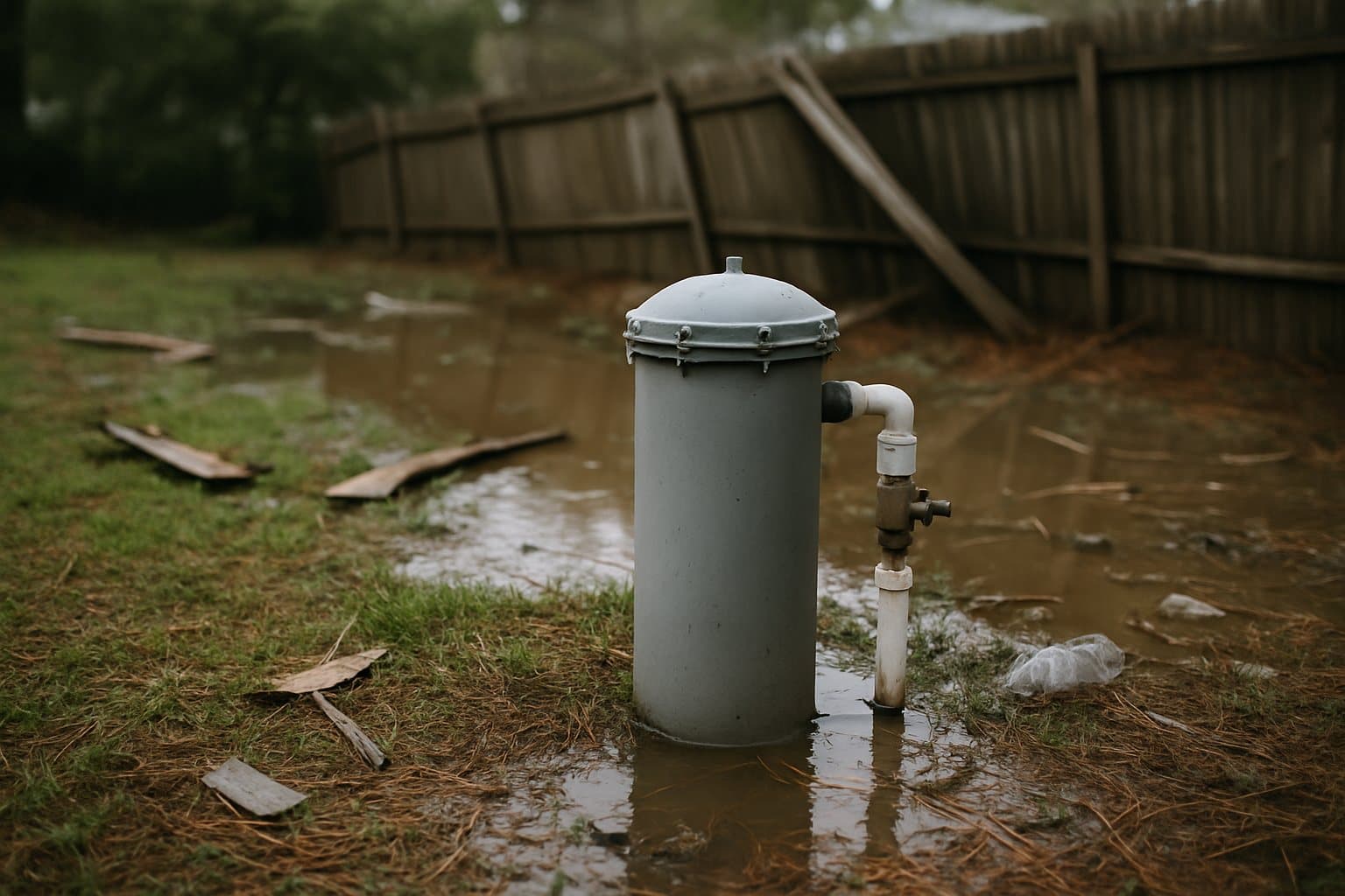 A residential wellhead in a yard with receding muddy flood water