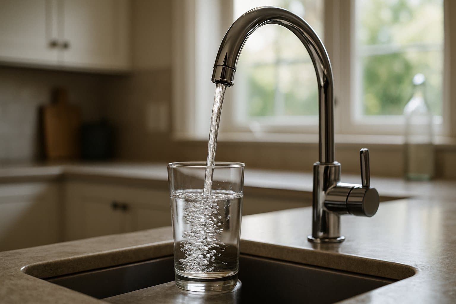A glass filling with water under a kitchen faucet