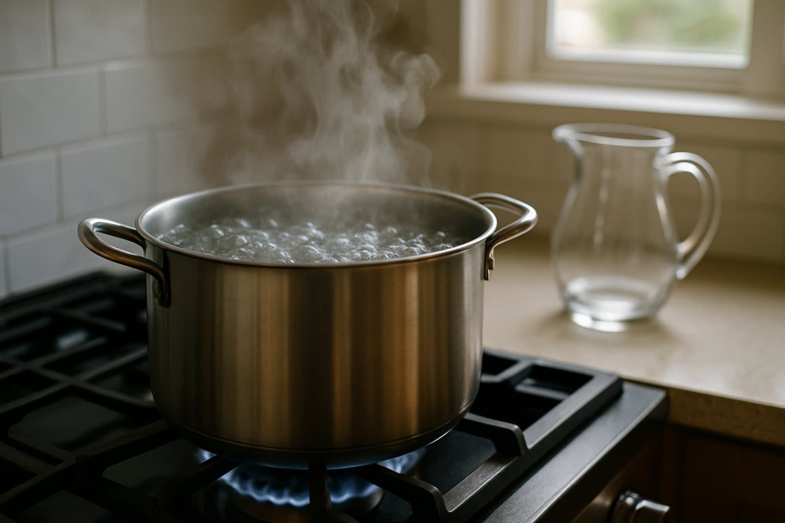 A pot of water at a rolling boil on a kitchen stove