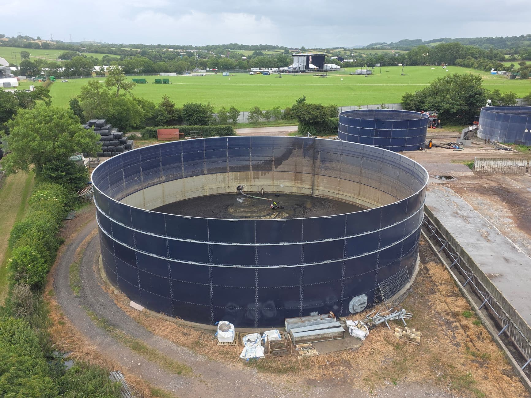 Large industrial water storage tanks seen from above