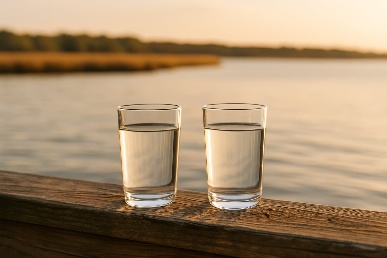 Two glasses of water on a dock rail over a bay at golden hour