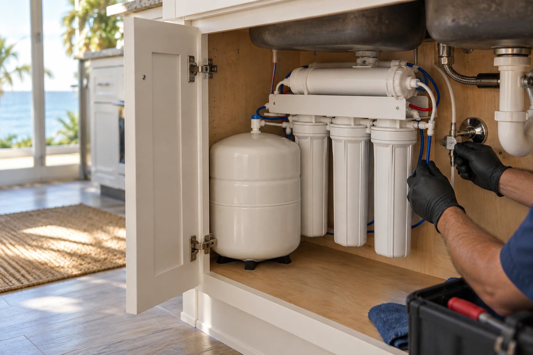 Technician inspecting an under-sink reverse-osmosis drinking-water system