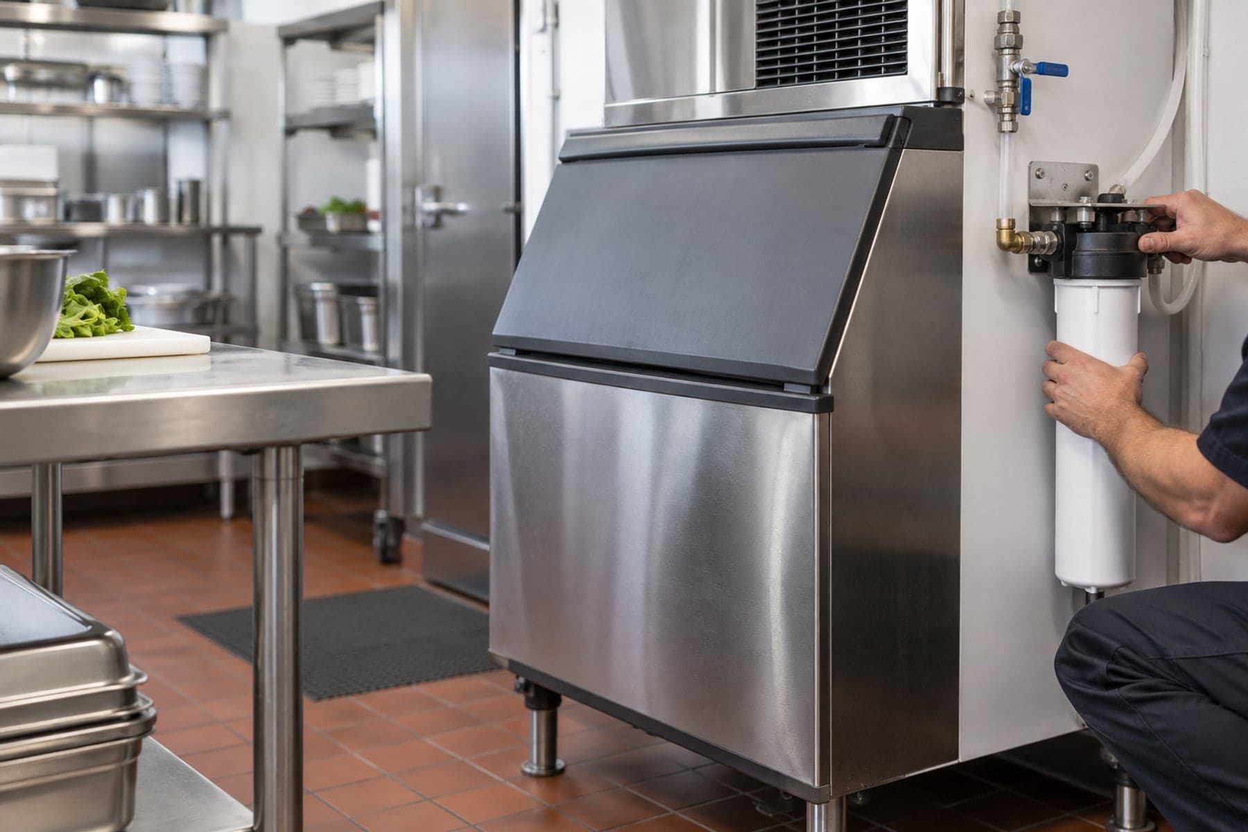 Commercial ice-machine water filter being serviced in a restaurant prep area