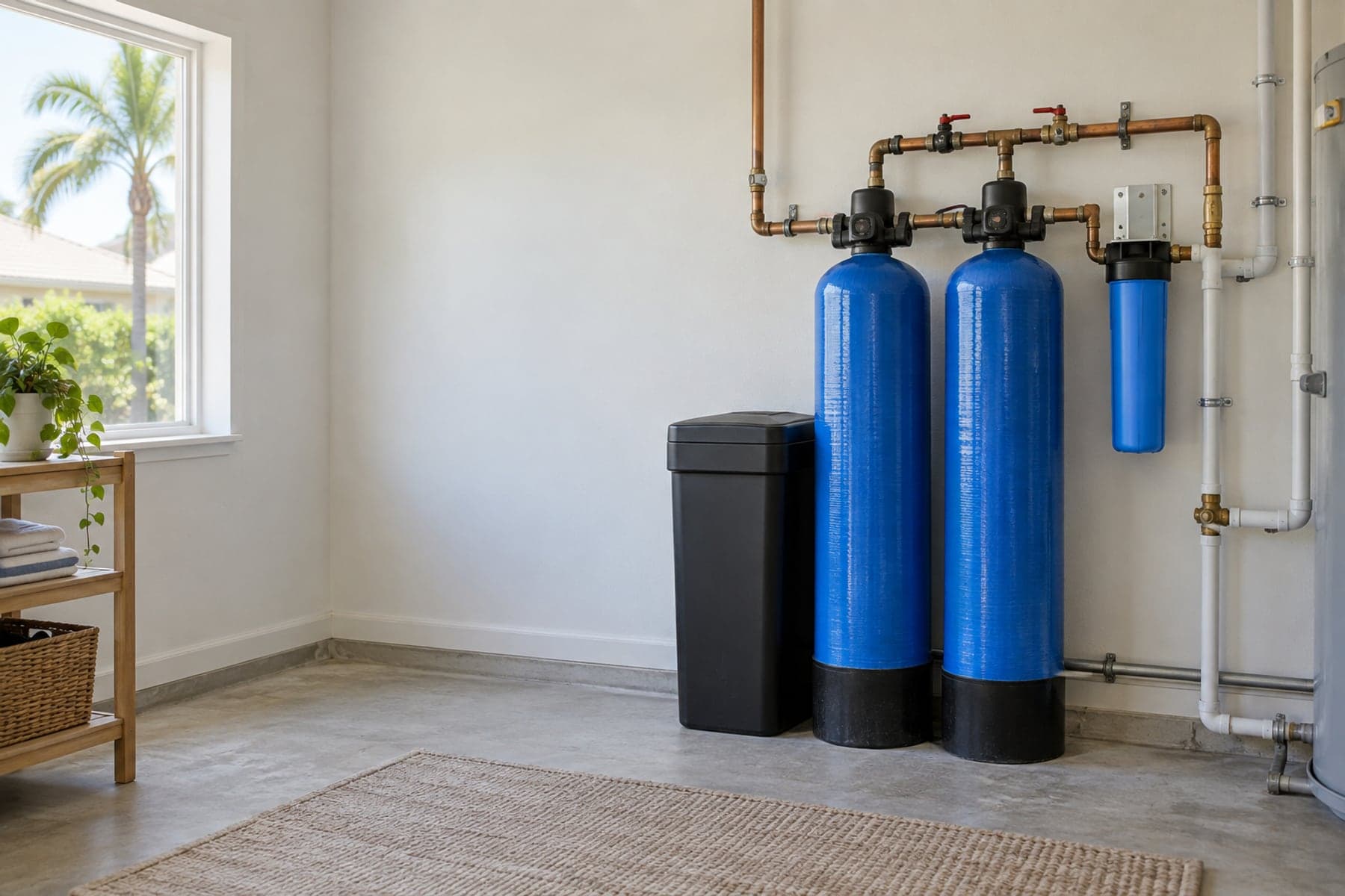 Whole-house filtration tanks and bypass plumbing in a bright residential utility room